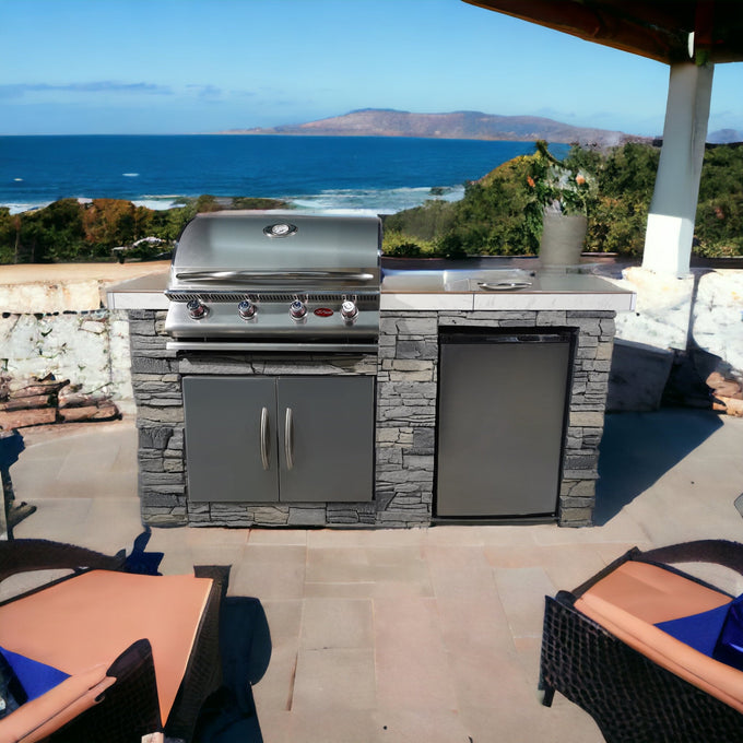 Cal FlameCal Flame 7 foot BBQ Island with Four Burner Grill, Fridge, Side Burner and More - BBK701-GS LBK701-GS- BetterPatio.com