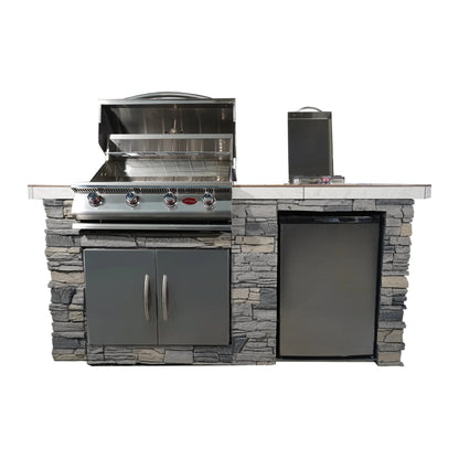 Cal FlameCal Flame 7 foot BBQ Island with Four Burner Grill, Fridge, Side Burner and More - BBK701-GS LBK701-GS- BetterPatio.com