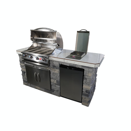 Cal FlameCal Flame 7 foot BBQ Island with Four Burner Grill, Fridge, Side Burner and More - BBK701-GS LBK701-GS- BetterPatio.com