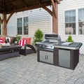 Cal Flame 7 foot Wood Panel Grill Island with Tile Top and 4-Burner Gas Grill in Stainless Steel