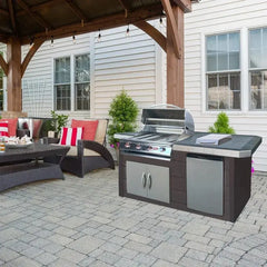 Cal Flame 7 foot Wood Panel Grill Island with Tile Top and 4-Burner Gas Grill in Stainless Steel