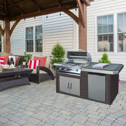 Cal Flame 7 foot Wood Panel Grill Island with Tile Top and 4-Burner Gas Grill in Stainless Steel