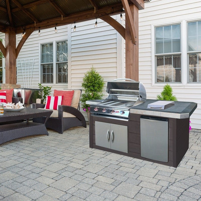 Cal FlameCal Flame 7 foot Wood Panel Grill Island with Tile Top and 4-Burner Gas Grill in Stainless Steel LBK-710-AX- BetterPatio.com