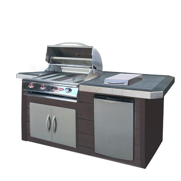 Cal FlameCal Flame 7 foot Wood Panel Grill Island with Tile Top and 4-Burner Gas Grill in Stainless Steel LBK-710-AX- BetterPatio.com