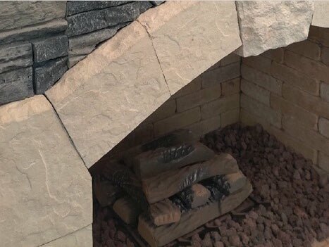 Cal FlameCal Flame Outdoor Gas Fireplace with Gray Stacked Stone and Wrap Around Mantle FRP-908-3-GS FRP-908-3GS- BetterPatio.com