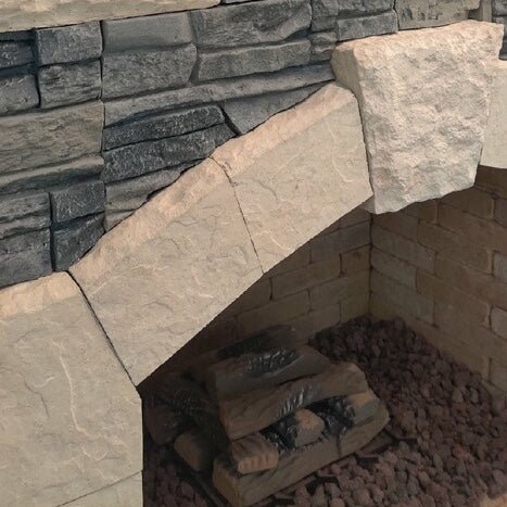 Cal FlameCal Flame Outdoor Gas Fireplace with Gray Stacked Stone and Wrap Around Mantle FRP-908-3-GS FRP-908-3GS- BetterPatio.com