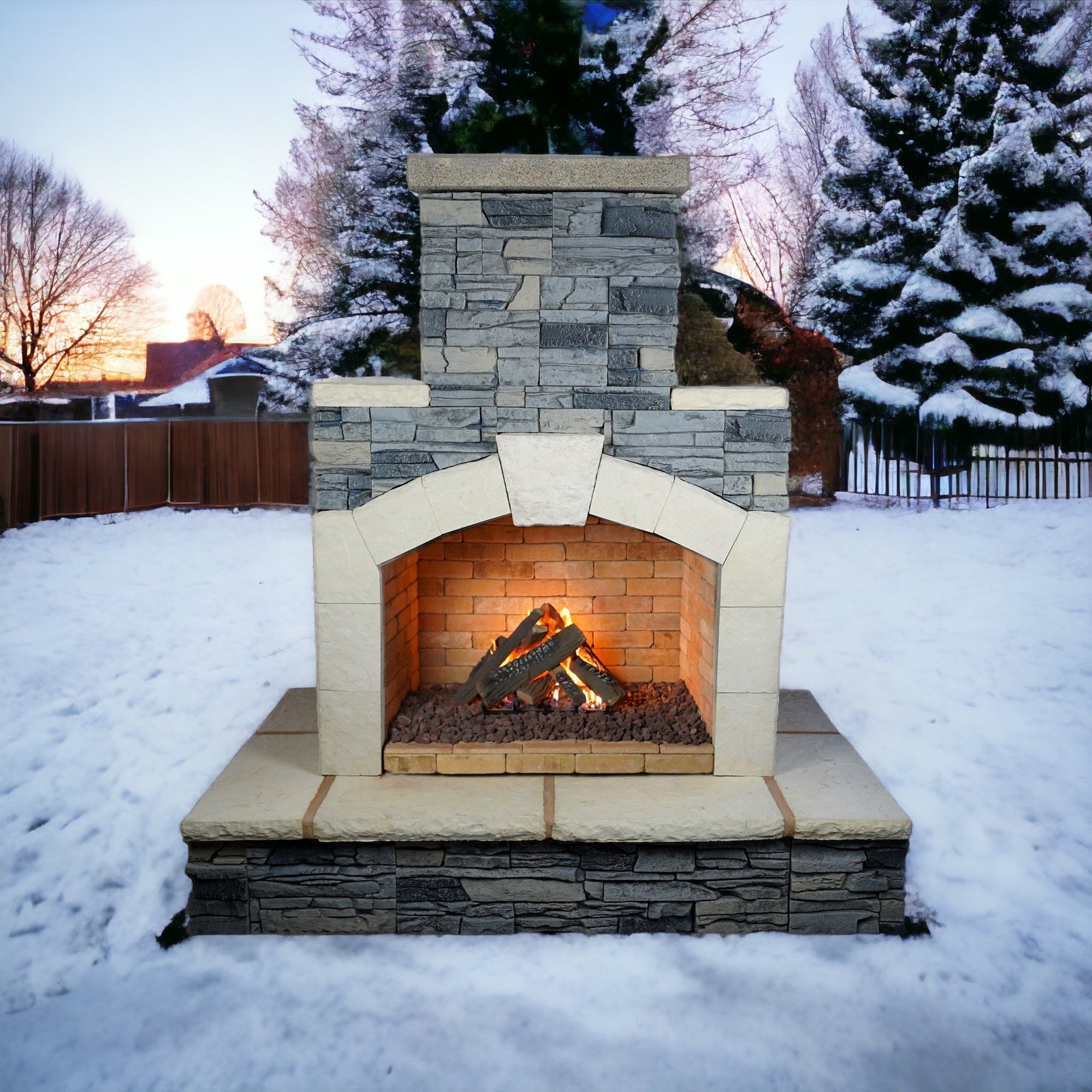 Cal FlameCal Flame Outdoor Gas Fireplace with Gray Stacked Stone and Wrap Around Mantle FRP-908-3-GS FRP-908-3GS- BetterPatio.com