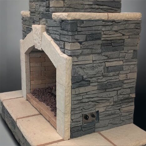 Cal FlameCal Flame Outdoor Gas Fireplace with Gray Stacked Stone and Wrap Around Mantle FRP-908-3-GS FRP-908-3GS- BetterPatio.com