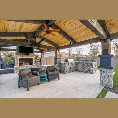 Summerset Alturi 30 ALT30T - Cozy stone fireplace under traditional wood panel roof patio