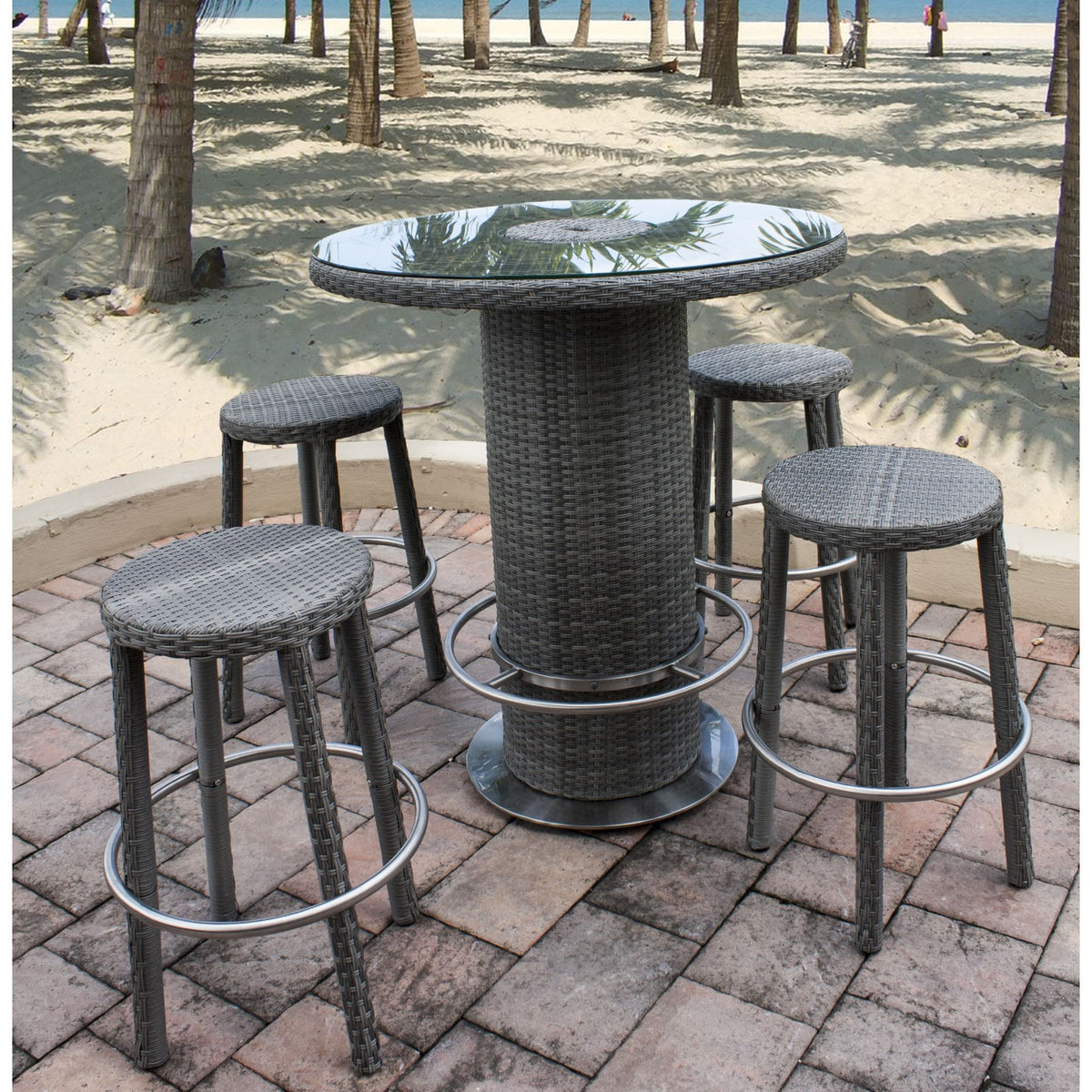 Hospitality Rattan Sapphire 5 Pc Pub Set W/ Ice Bucket 2166-GRY-5PC-SET - BetterPatio.com