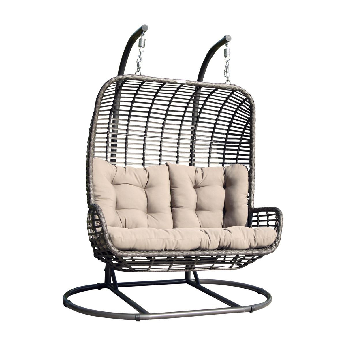 Hospitality Rattan Double Hanging Chair With Stand & Cushion 2320-GRY - BetterPatio.com