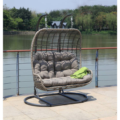 Hospitality Rattan Double Hanging Chair With Stand & Cushion 2320-GRY - BetterPatio.com