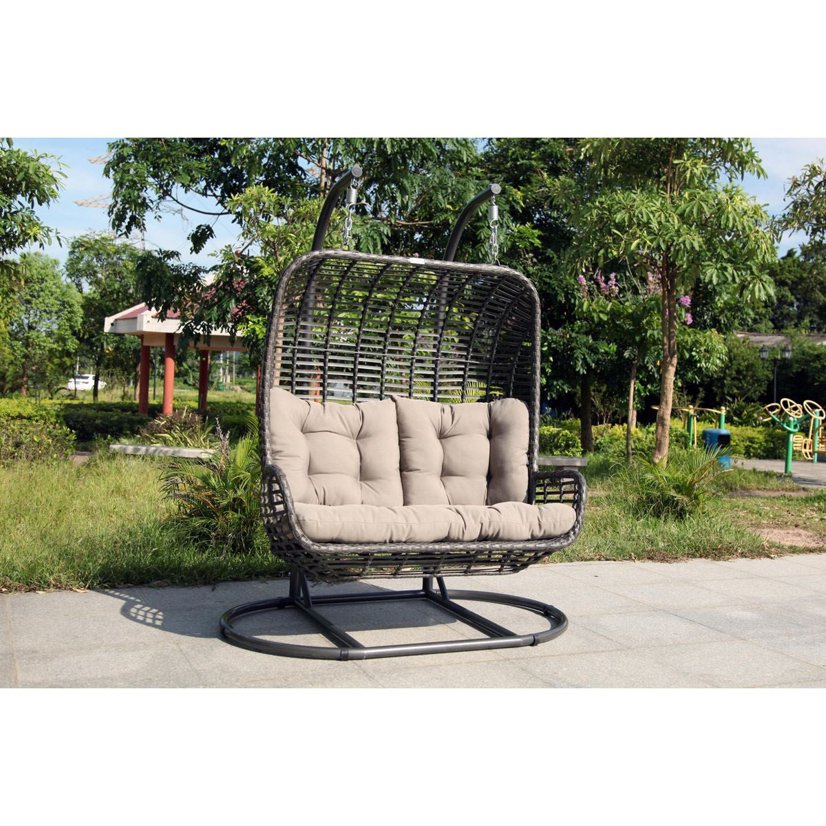 Hospitality Rattan Double Hanging Chair With Stand & Cushion 2320-GRY - BetterPatio.com