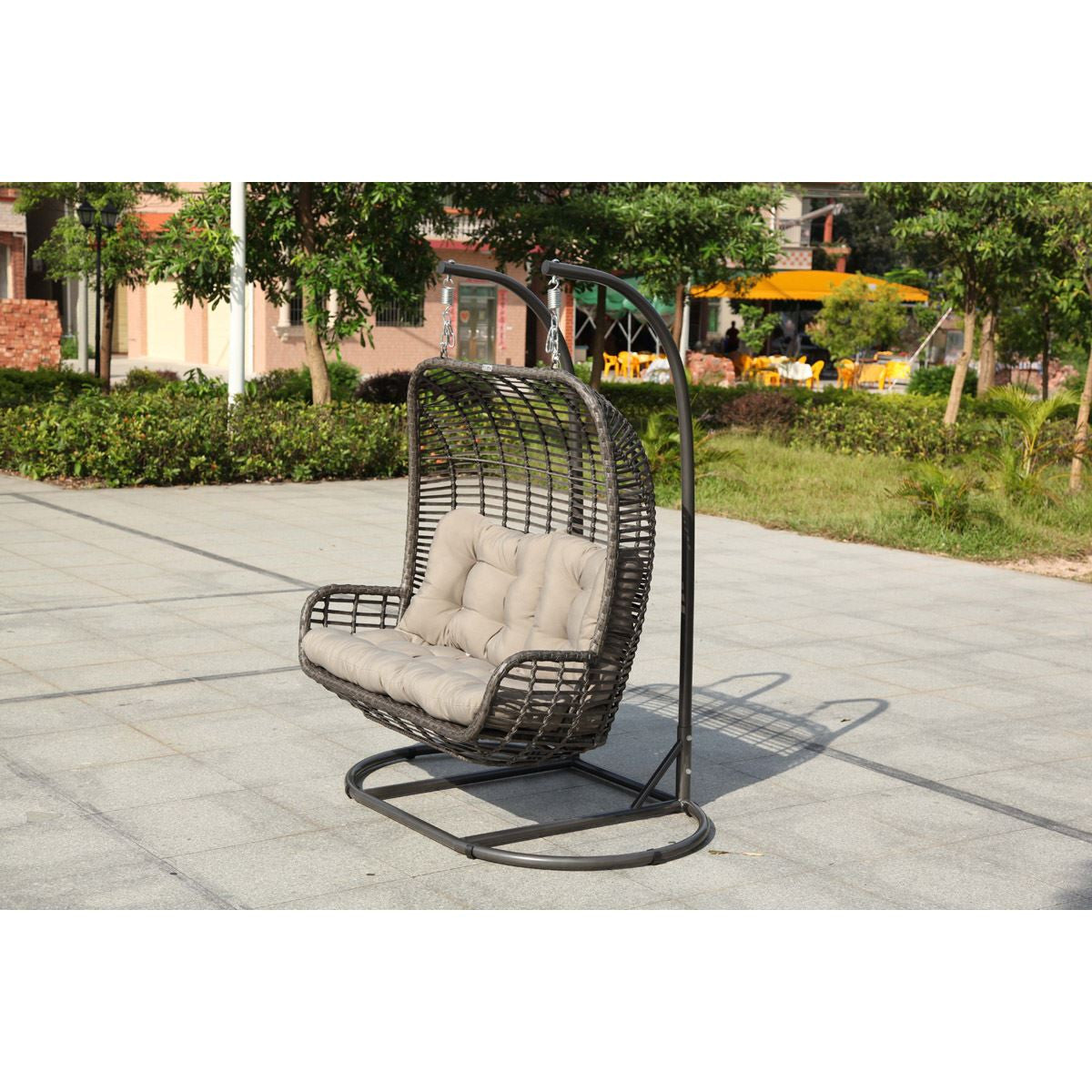 Hospitality Rattan Double Hanging Chair With Stand & Cushion 2320-GRY - BetterPatio.com