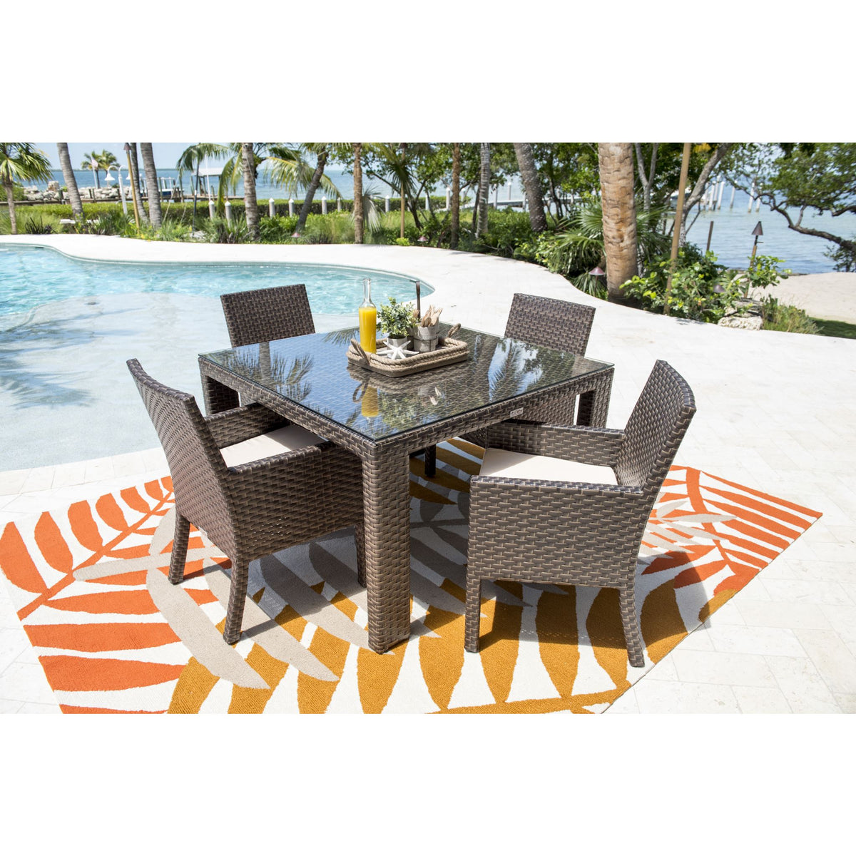 Fiji 5 PC Armchair Dining Set with Glass Top and Seating Cushions 901-3347-ATQ-5DA-GLASS - BetterPatio.com