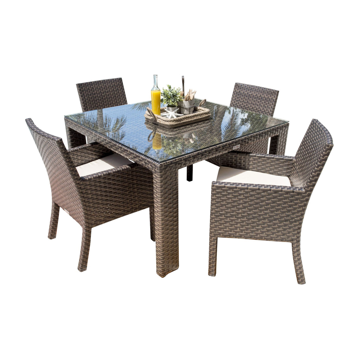 Fiji 5 PC Armchair Dining Set with Glass Top and Seating Cushions 901-3347-ATQ-5DA-GLASS - BetterPatio.com