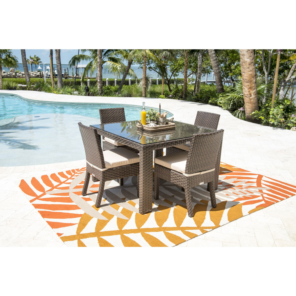Fiji 5 PC Side Chair Dining Set with Glass Top and Seating Cushions 901-3347-ATQ-5DS-GLASS - BetterPatio.com