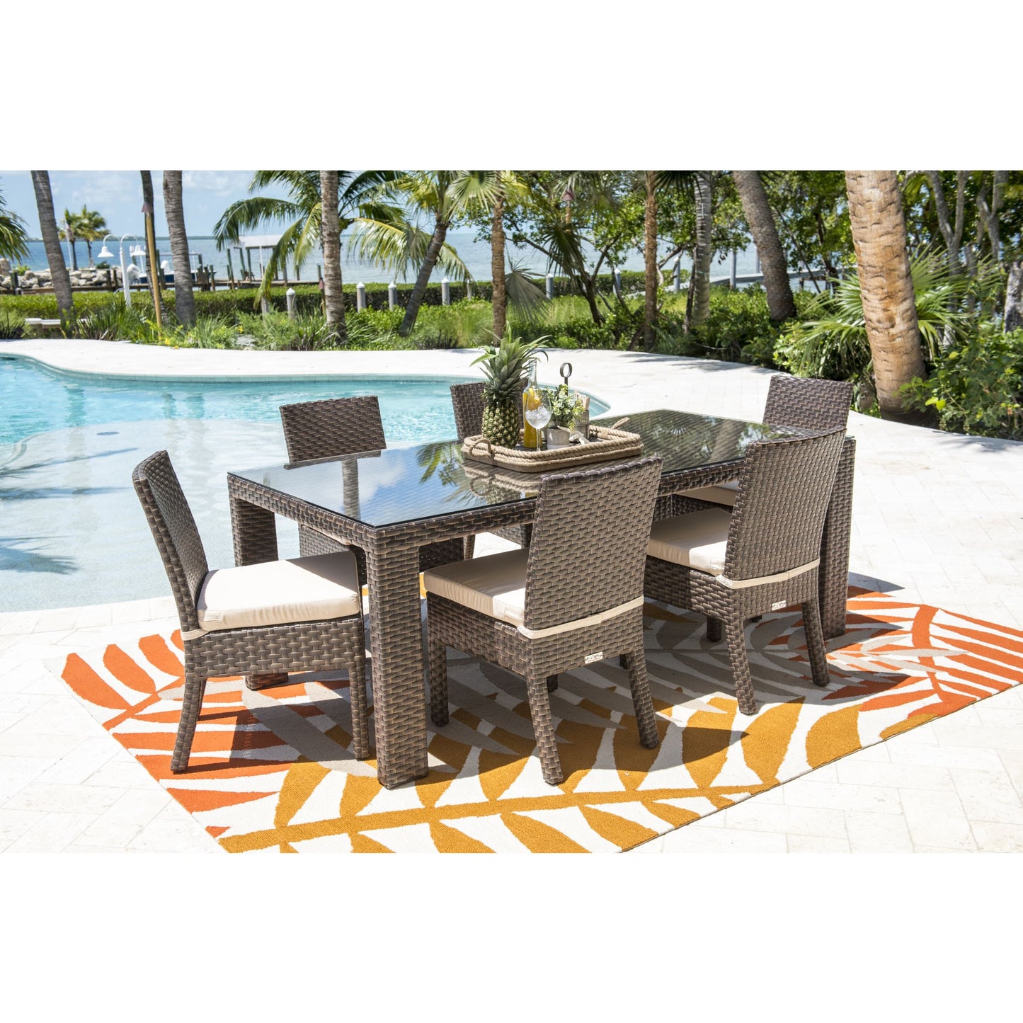 Fiji 7 PC Dining Set with Glass Top and Seating Cushions 901-3347-ATQ-7DS-GLASS - BetterPatio.com