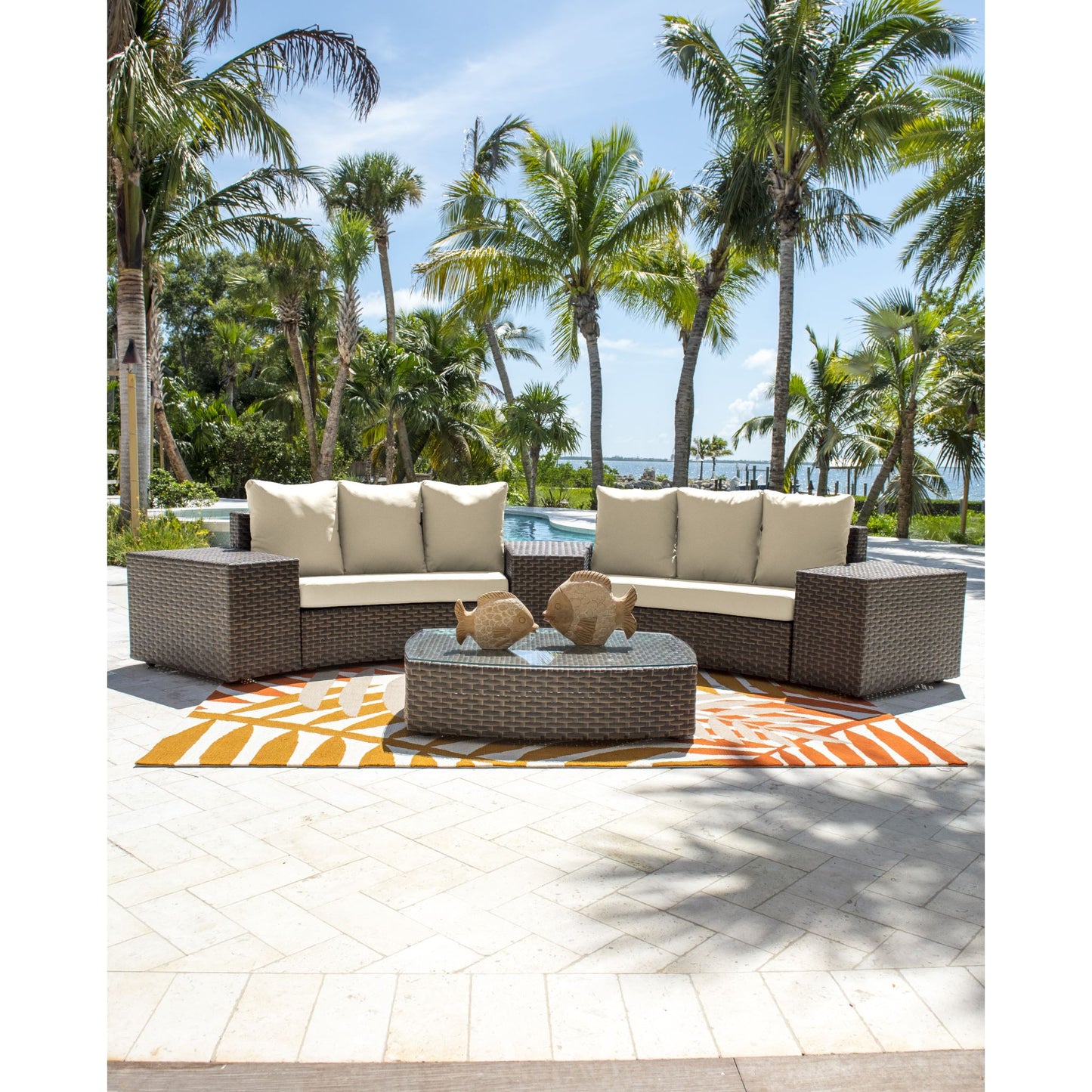 Panama Jack Big Sur 5 Piece Sectional Set w/cushions PJO-2101-BRN-5SEC-GLASS - BetterPatio.com