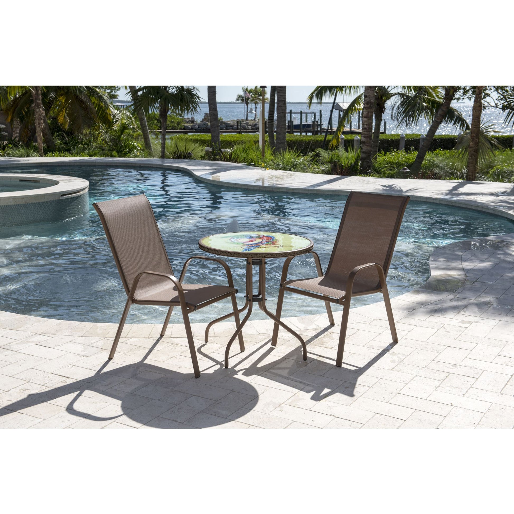 Panama Jack Cafe 3 PC Parrot Bistro Set High back Sling PJO-9001-ESP-3DH-BTP - BetterPatio.com