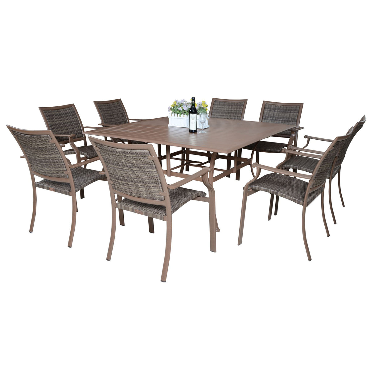 Panama Jack Island Cove 9 Piece Slatted Dining Set, 60 Inch Table and 8 Woven Chairs PJO-8001-ESP-9PC - BetterPatio.com