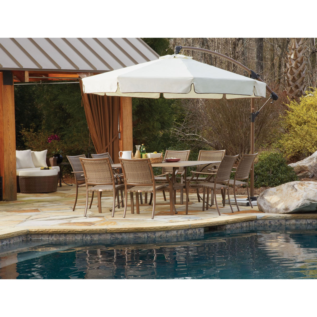 Panama Jack Island Cove 9 Piece Slatted Dining Set, 60 Inch Table and 8 Woven Chairs PJO-8001-ESP-9PC - BetterPatio.com