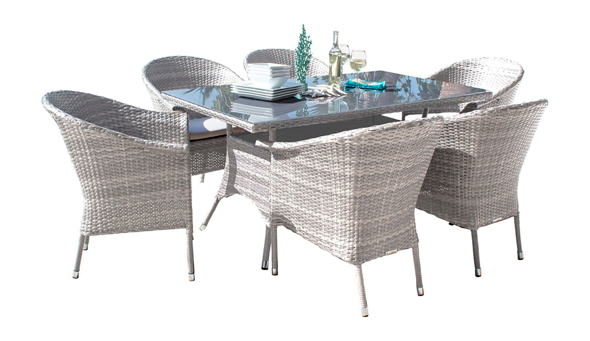 Hospitality Rattan PatioAthens 7-Piece Woven Armchair Dining Set with Cushions 895-1130-WW-7DA-CUSH/SU-705- BetterPatio.com
