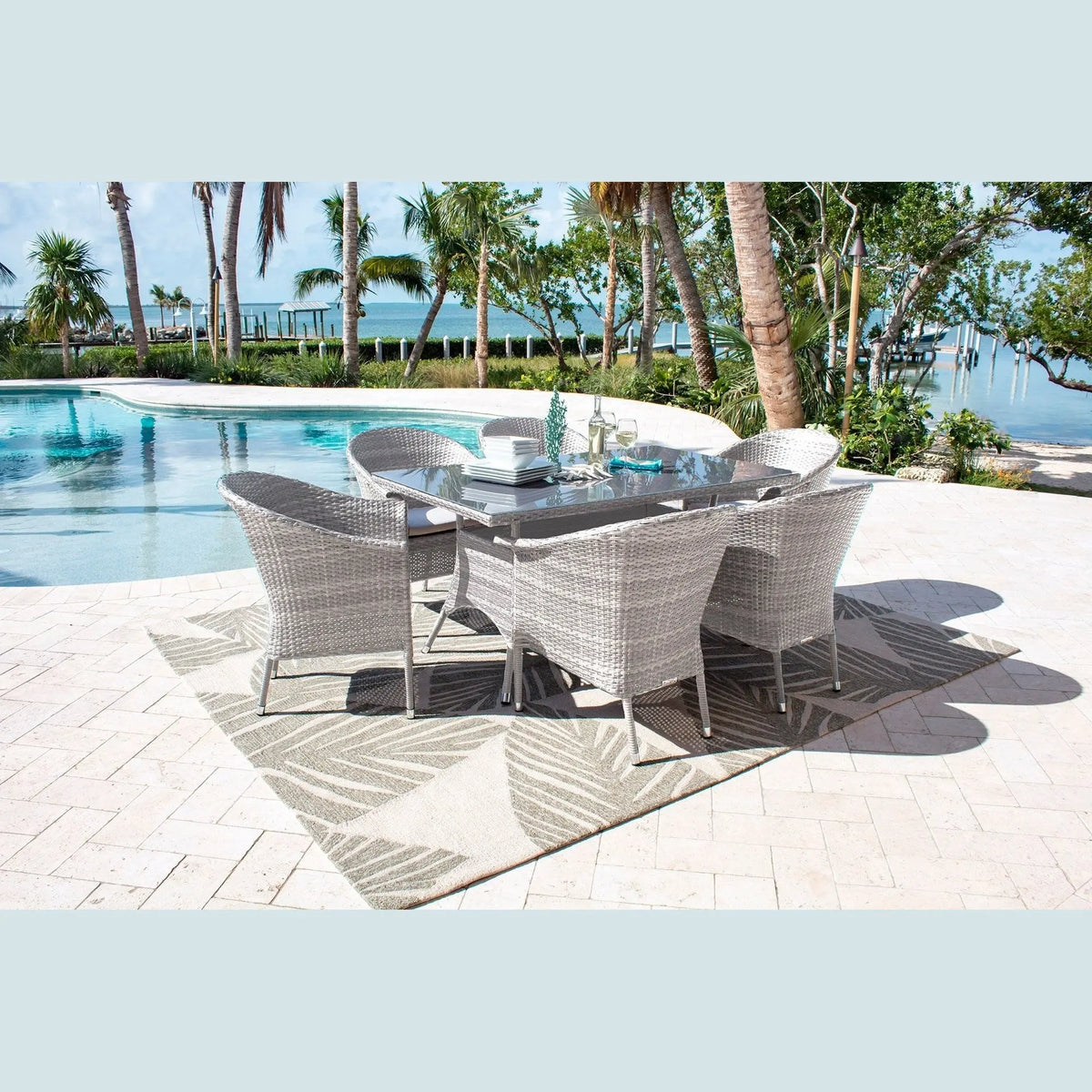 Hospitality Rattan PatioAthens 7-Piece Woven Armchair Dining Set with Cushions 895-1130-WW-7DA-CUSH/SU-705- BetterPatio.com
