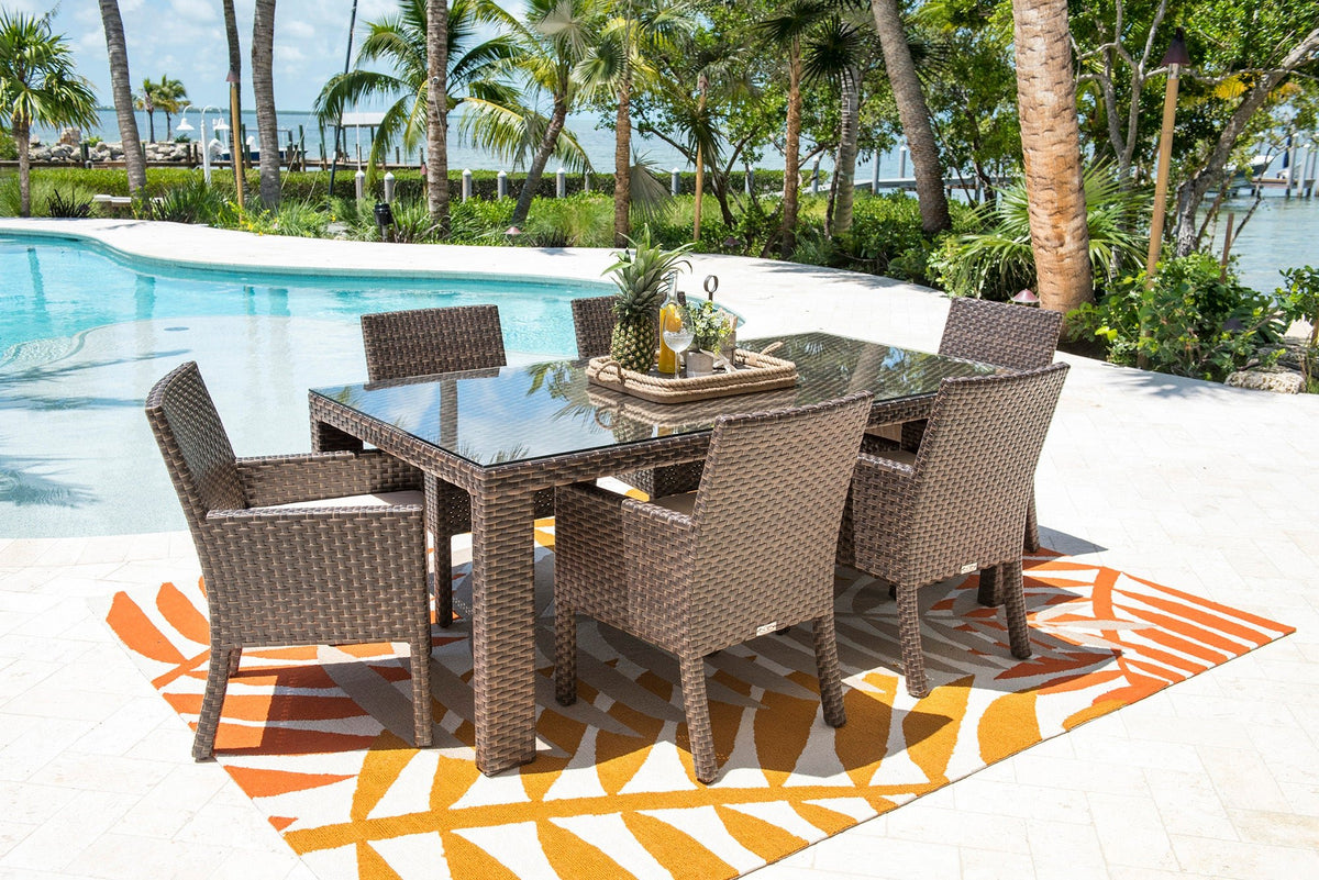 Hospitality Rattan PatioFiji 7-Piece Armchair Dining Set with Cushions 901-3347-ATQ-7DA-CUSH/SU-705- BetterPatio.com