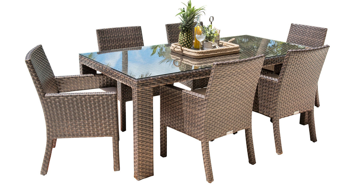 Hospitality Rattan PatioFiji 7-Piece Armchair Dining Set with Cushions 901-3347-ATQ-7DA-CUSH/SU-705- BetterPatio.com
