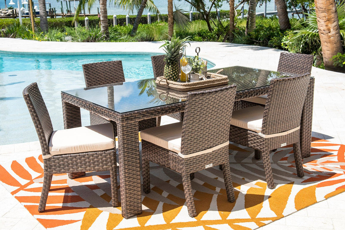 Hospitality Rattan PatioFiji 7-Piece Side Chair Dining Set with Cushions 901-3347-ATQ-7DS-CUSH/SU-705- BetterPatio.com