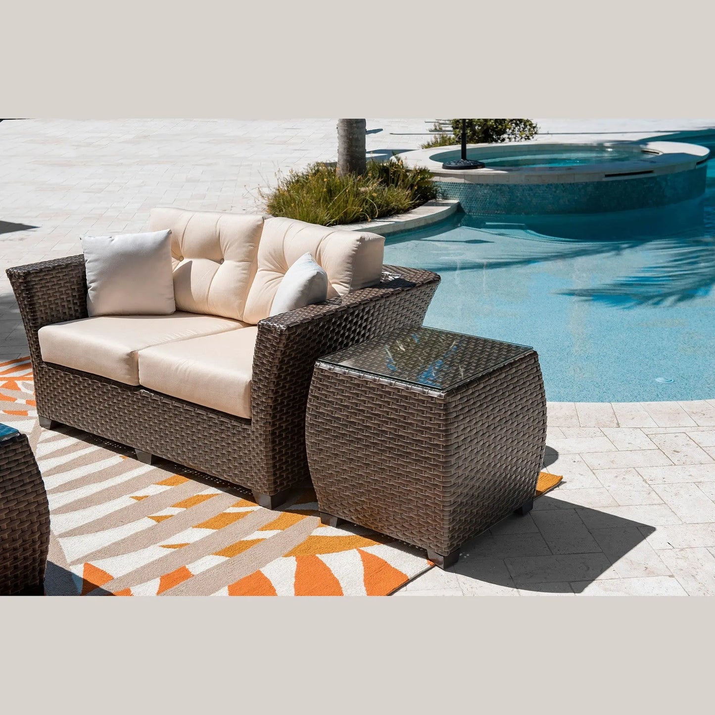 Hospitality Rattan PatioFiji End Table with Glass 901-1347-ATQ-ET-GL- BetterPatio.com