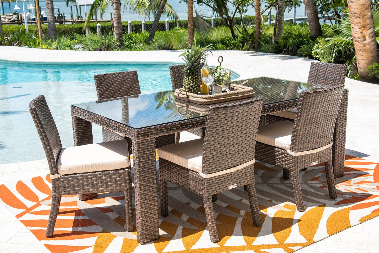Hospitality Rattan PatioFiji Rectangular Woven Dining Table with Glass 901-3347-ATQ-RT-GL- BetterPatio.com