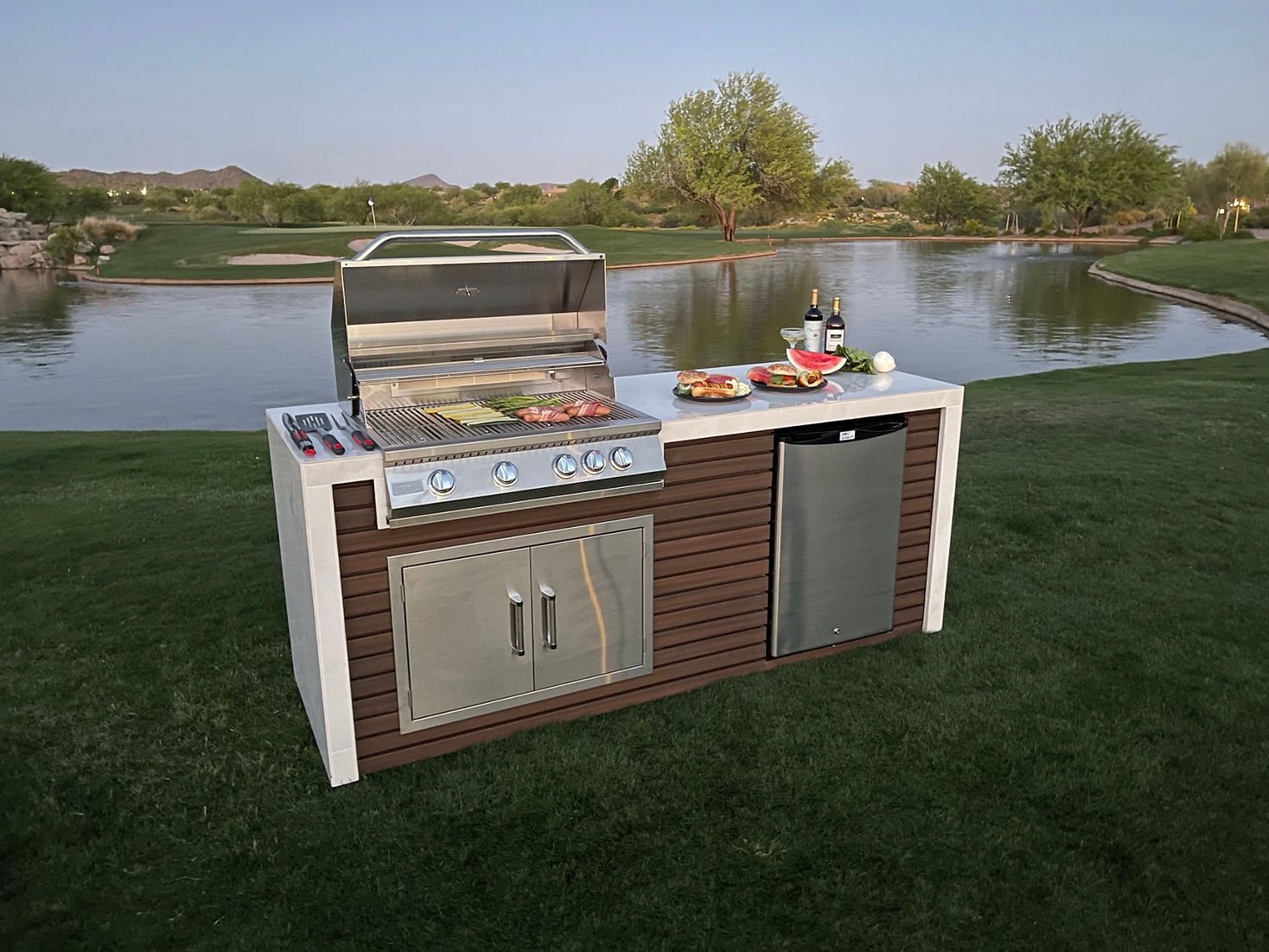 KoKoMo GrillsKokomo Grills 7 Foot Outdoor Kitchen with Grill, Fridge, Shiplap and Waterfall Edge Countertops KOK-SHIP-7FT- BetterPatio.com