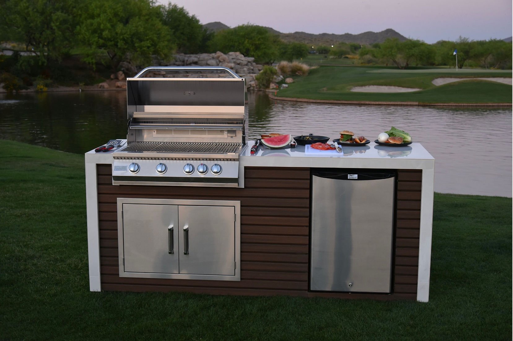 KoKoMo GrillsKokomo Grills 7 Foot Outdoor Kitchen with Grill, Fridge, Shiplap and Waterfall Edge Countertops KOK-SHIP-7FT- BetterPatio.com