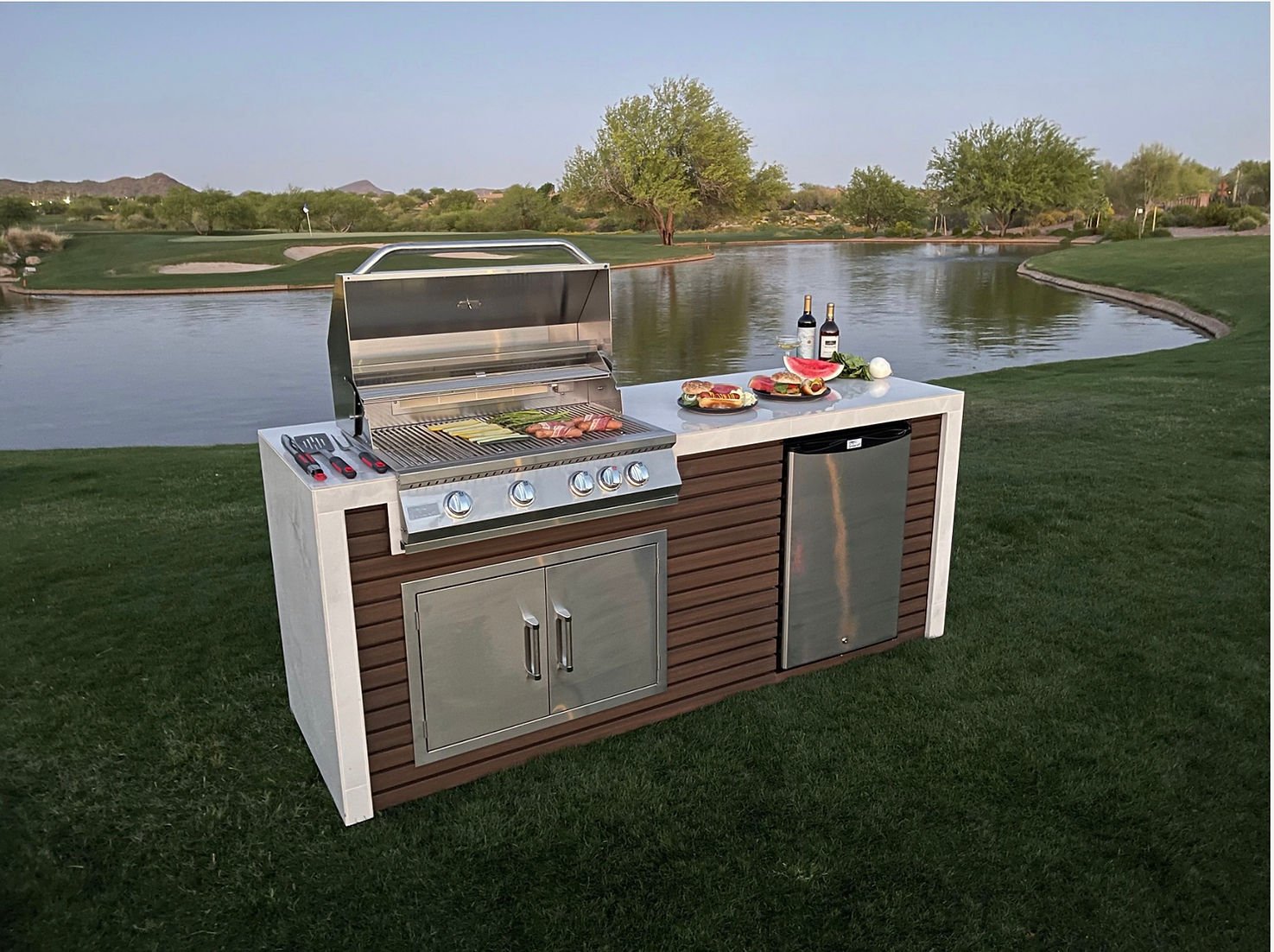 KoKoMo GrillsKokomo Grills 7 Foot Outdoor Kitchen with Grill, Fridge, Shiplap and Waterfall Edge Countertops KOK-SHIP-7FT- BetterPatio.com