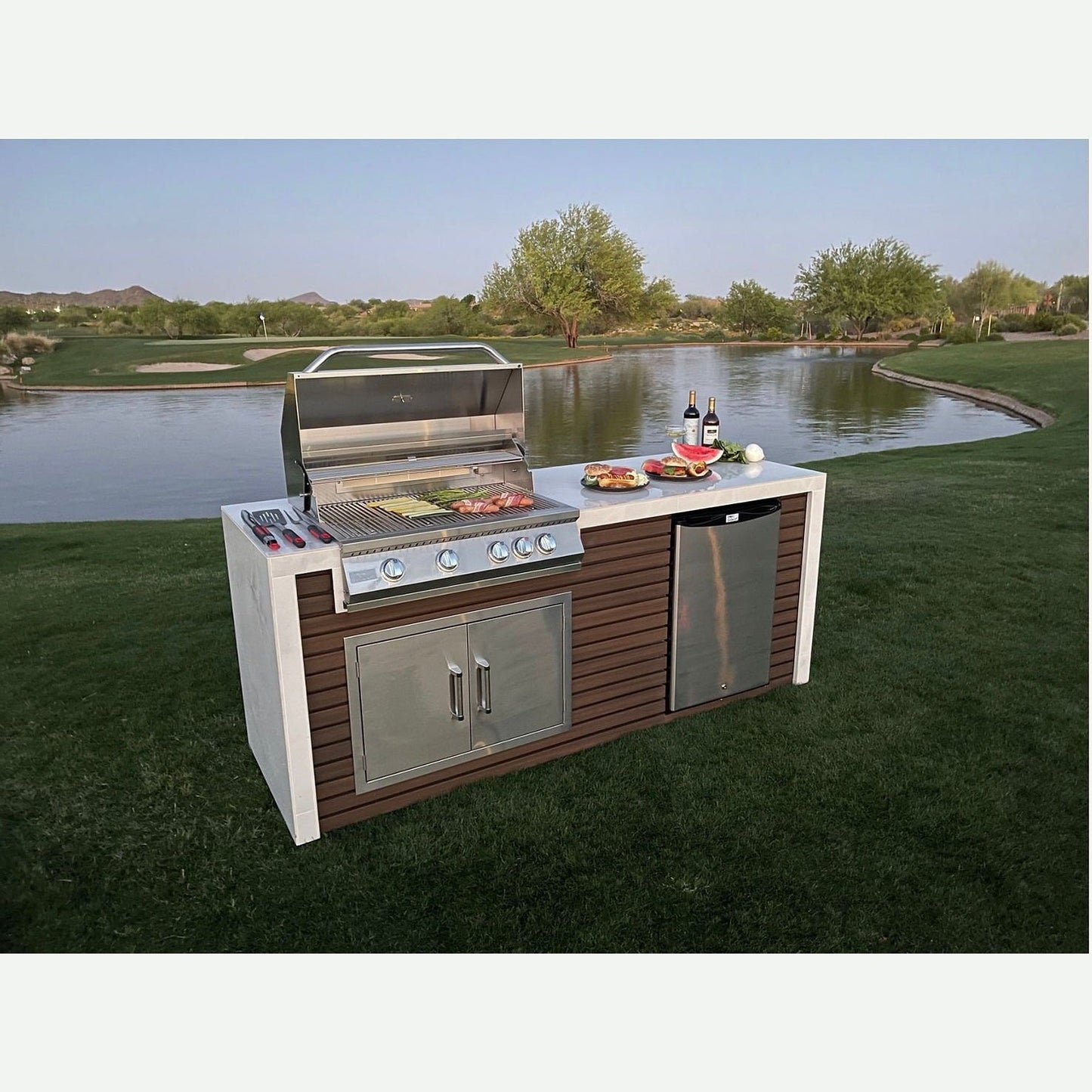 KoKoMo GrillsKokomo Grills 7 Foot Outdoor Kitchen with Grill, Fridge, Shiplap and Waterfall Edge Countertops KOK-SHIP-7FT- BetterPatio.com