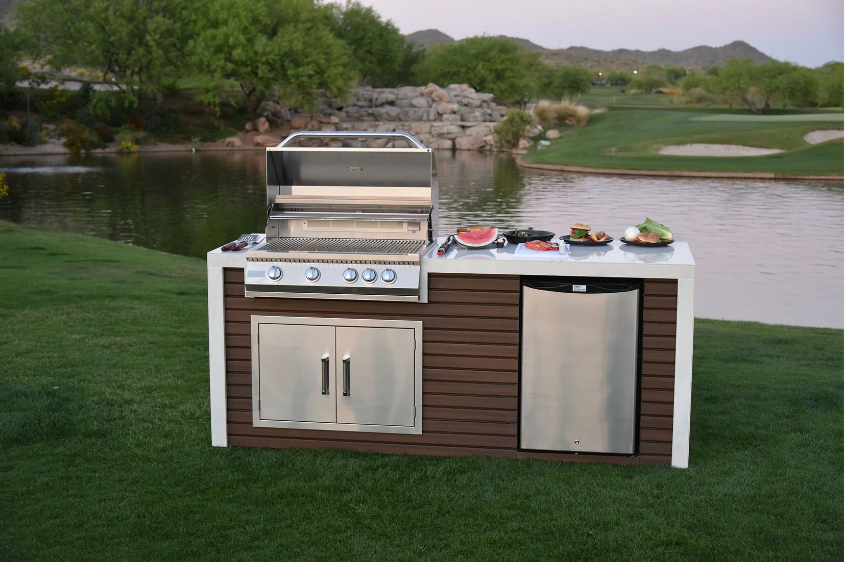 KoKoMo GrillsKokomo Grills 7 Foot Outdoor Kitchen with Grill, Fridge, Shiplap and Waterfall Edge Countertops KOK-SHIP-7FT- BetterPatio.com