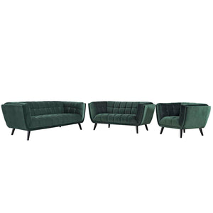 ModwayModway Bestow 3 Piece Performance Velvet Sofa Loveseat and Armchair Set EEI-2978 EEI-2978-GRN-SET- BetterPatio.com