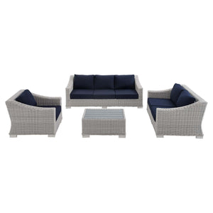 ModwayModway Conway Sunbrella Outdoor Patio Wicker Rattan 4-Piece Furniture Set EEI-4355 EEI-4355-LGR-NAV- BetterPatio.com