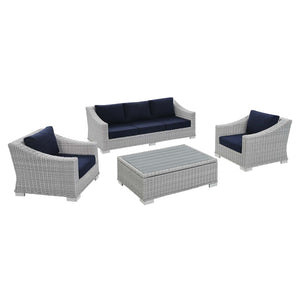 ModwayModway Conway Sunbrella Outdoor Patio Wicker Rattan 4-Piece Furniture Set EEI-4359 EEI-4359-LGR-NAV- BetterPatio.com