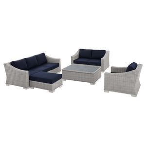 ModwayModway Conway Sunbrella Outdoor Patio Wicker Rattan 5-Piece Furniture Set EEI-4356 EEI-4356-LGR-NAV- BetterPatio.com