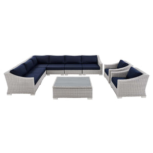 ModwayModway Conway Sunbrella Outdoor Patio Wicker Rattan 9-Piece Sectional Sofa Set EEI-4360 EEI-4360-LGR-NAV- BetterPatio.com