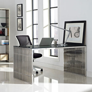 ModwayModway Gridiron Stainless Steel Rectangle Dining Table EEI-1433 EEI-1433-SLV- BetterPatio.com