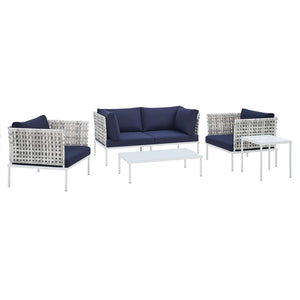 ModwayModway Harmony 5-Piece Sunbrella Basket Weave Outdoor Patio Aluminum Seating Set EEI-4692 EEI-4692-TAU-NAV-SET- BetterPatio.com