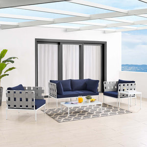 ModwayModway Harmony 5-Piece Sunbrella Outdoor Patio Aluminum Furniture Set EEI-4925 EEI-4925-GRY-NAV-SET- BetterPatio.com