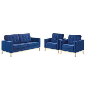 ModwayModway Loft Gold Stainless Steel Leg Performance Velvet 3 Piece Set EEI-4096 EEI-4096-GLD-NAV-SET- BetterPatio.com