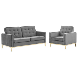 ModwayModway Loft Gold Stainless Steel Leg Performance Velvet Loveseat and Armchair Set EEI-4095 EEI-4095-GLD-GRY-SET- BetterPatio.com