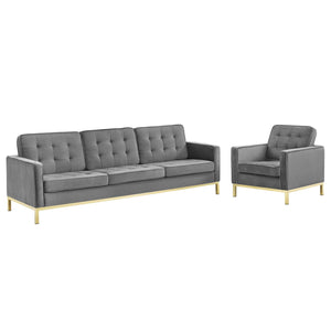 ModwayModway Loft Gold Stainless Steel Leg Performance Velvet Sofa and Armchair Set EEI-4097 EEI-4097-GLD-GRY-SET- BetterPatio.com