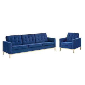 ModwayModway Loft Gold Stainless Steel Leg Performance Velvet Sofa and Armchair Set EEI-4097 EEI-4097-GLD-NAV-SET- BetterPatio.com